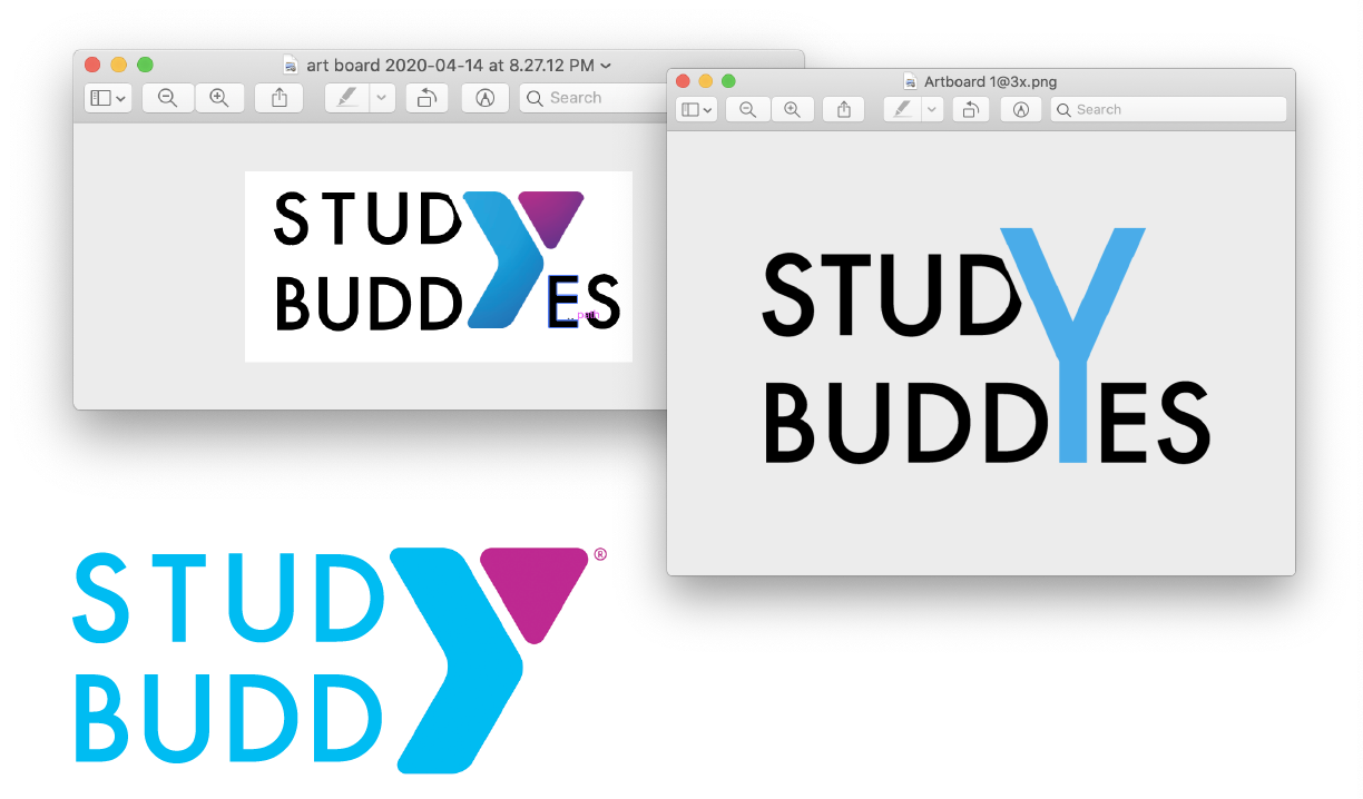 a collection of desktop windows showing brand revisions for Study Buddy that incorporate YMCA branding.