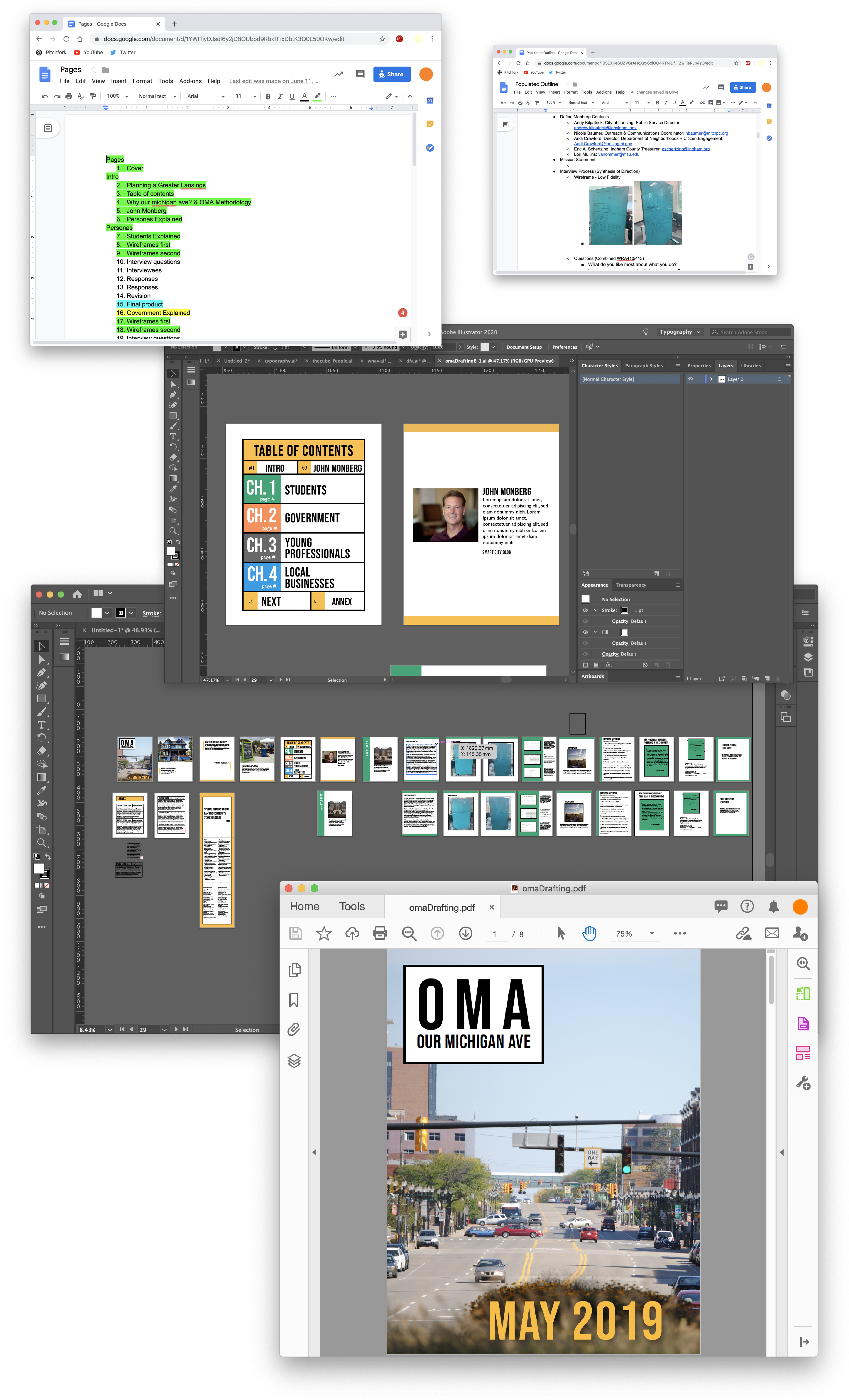 a collection of desktop windows demonstrating the process of document design for OMA