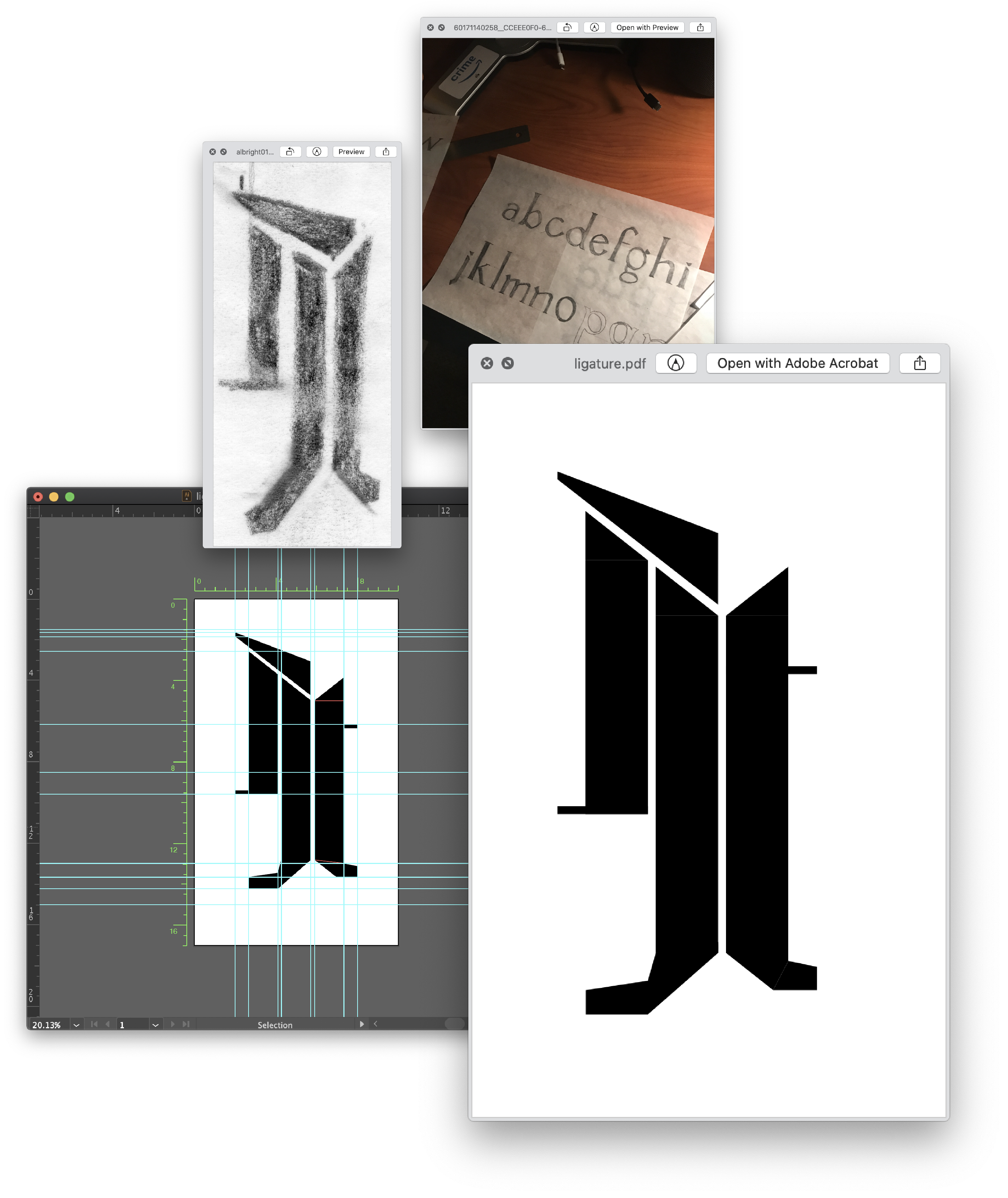 a collection of desktop windows, beginning with letterform sketches and ending with, a clean minimal ligature design